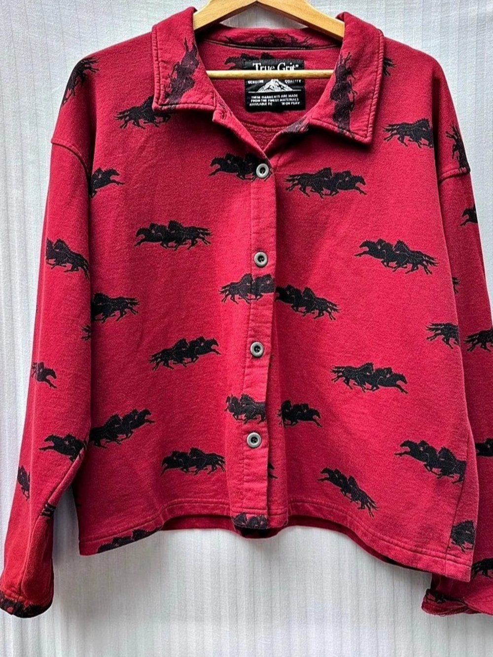 True Grit Wild Horses Fleece Shirt Jacket Mens L Red Black Western Graphic Vtg